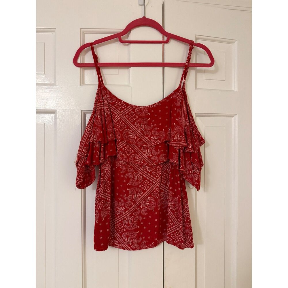 Blue Rain red bandana off-shoulder ruffle blouse women’s M boho paisley